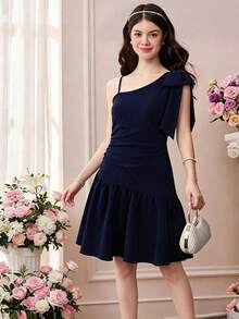 SHEIN Tween Girls Elegant Back To School Navy Blue Asym Neck Removable 3D Bow Slvless Textured Dress With  Polyester Sixth Form,Graduation,Party - Navy Blue - View 3