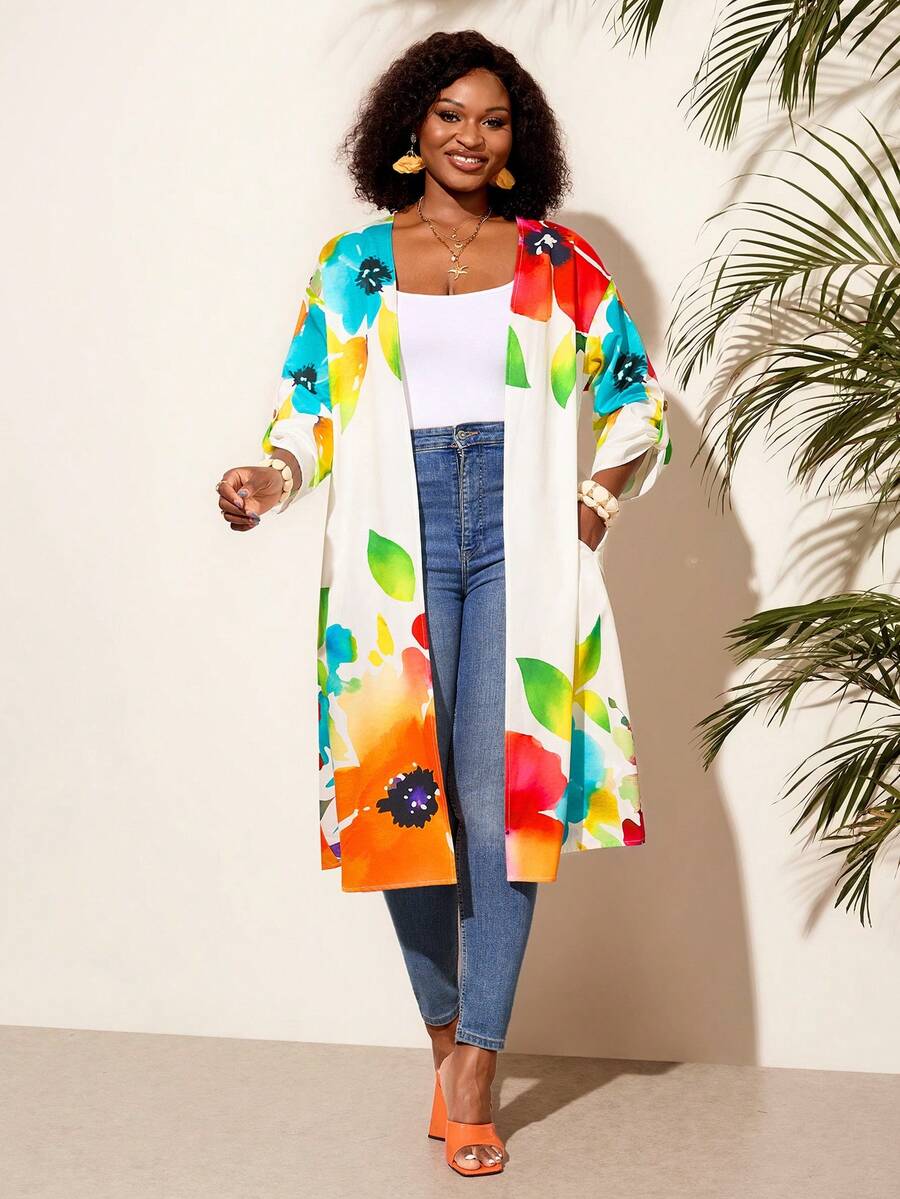 BrightlyHer Plus Size Women's Floral Print Fashion Jacket For Beach Vacation - Multicolor - View 1