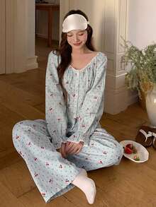 DAZY Sweet Cherry Polka Dot Print All-Over Large Collar Ruffle Trim 2pcs Women's Pajama Set - Blue - View 6