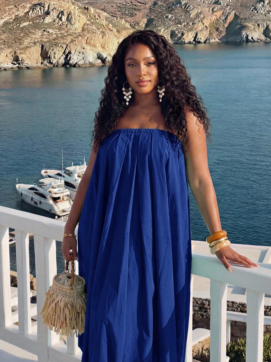 Slaydiva Große Größen einfarbiges trägerloses Urlaubs-Lässig Kleid - Blau - Übersicht 1