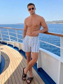 Manfinity Swimmode Men's Drawstring Waist Blue And White Striped Casual Tropical Beach Vacation Shorts Summer Textured Pocket Tropical Swim Bathing Pool Party Gift - Multicolor - View 3