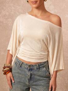 Lumalex Women's Asymmetrical Shoulde Batwing Sleeve Fashion Elegant Top Decoration Body-Contouring Draped Bodice For Summer Date,Vacation,Party & Weddings - Apricot - View 9