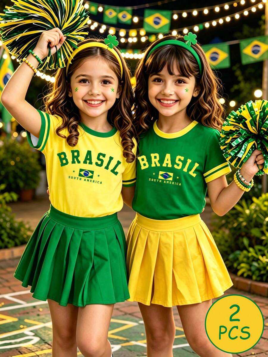 SHEIN 2pcs Girls' American Sports Short Sleeve T-Shirts, Brazil Letter & Flag Print Contrast Ribbed Crew Neck Thin Tops, Suitable For Ball Games, Outings, Daily Wear, Spring, Summer, Early Autumn