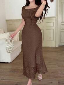 Feyla Women's Summer Elegant Solid Color Textured Mid-Length Dress - Coffee Brown - View 6