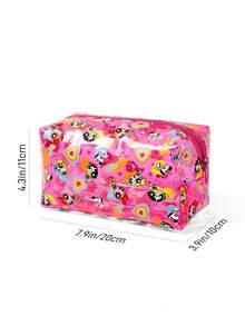 THE POWERPUFF GIRLS X SHEIN 1個大容量卡通角色圖案印花PVC材質化妝包，適合存放化妝品、文具、日常用品、數位產品，完美適用於通勤、上學、旅行，適合所有年齡層，適合學生，花卉、泡泡、毛茛、友誼、愛 - 彩色 - 查看 6