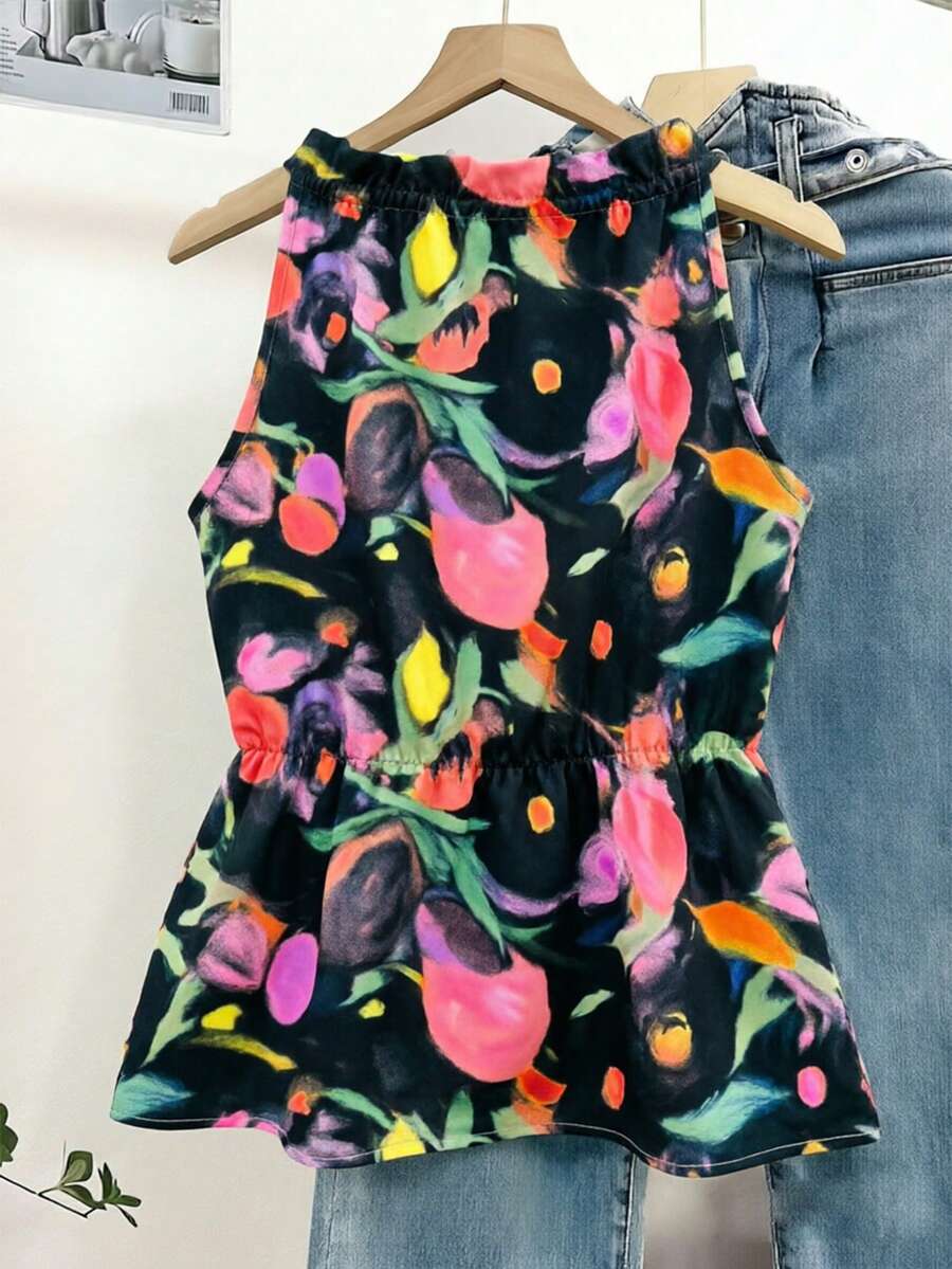 Franclia 夏季休閒花卉印花無袖上衣 - 黑色 - 查看 1