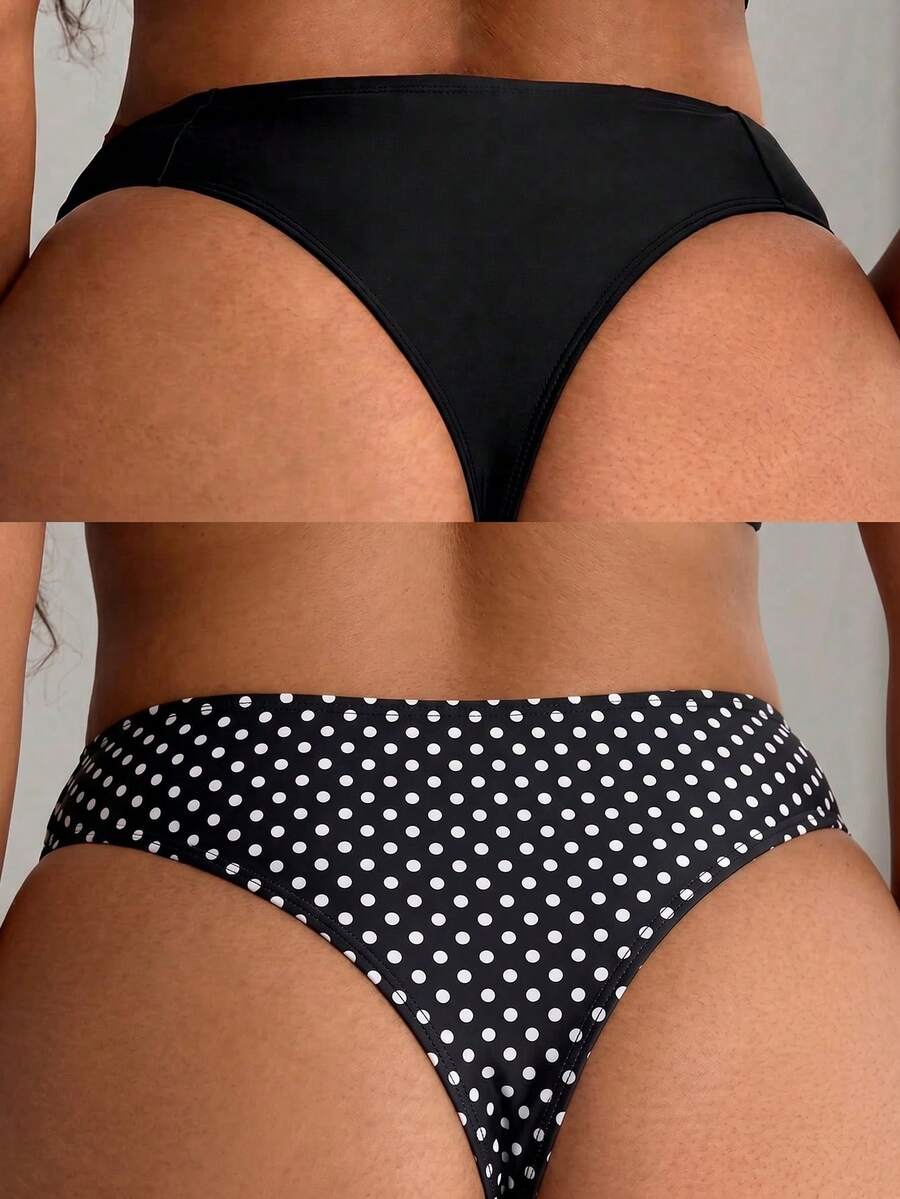 SHEIN Swim 2026 New Spring/Summer Plus Size Women Polka Dot & Solid Color High Waist Bikini Bottom 2pcs Set - Multicolor - View 1