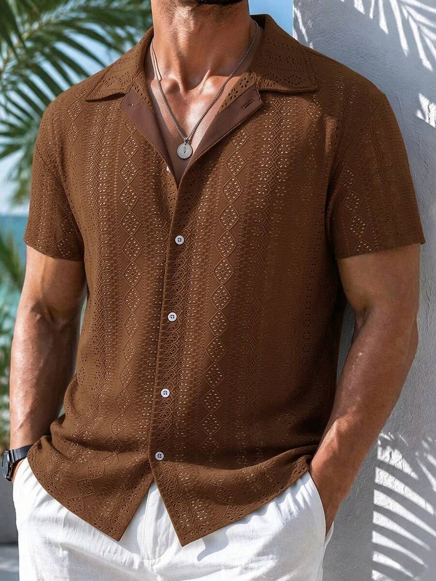 VENTUSAIL 男士成熟休閒短袖襯衫 - 棕色 - 查看 1