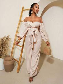 VaVaBold Beige,Autumn,Elegant,Dinner Date Lantern Sleeve Jumpsuit For Women,Satin Off Shoulder Petal Sleeve Cinched Waist Wide Leg Pants,Resort Holiday Romper - Apricot - View 5