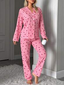 SHEIN Women 2 Pcs Pink Button Front With Striped&Heart Pattern Homewear Cute Pajama Set - Pink - View 3