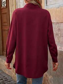 SHEIN Clasi 休閒百搭純色長袖襯衫 - 酒紅色 - 查看 2