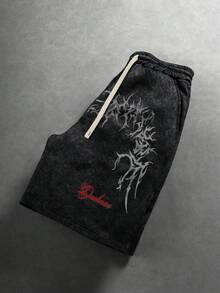 Manfinity EMRG 男士黑色哥德風街頭風短褲，復古水洗做舊布料，深色印花寬鬆抽繩短褲，夏季休閒短褲，適合音樂節、派對與日常穿著 - 彩色 - 查看 2