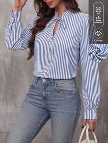 Louniche Women's Summer Autumn Blue & White Striped Fabric Small Stand Collar Button-Down Design Tie-Knot Fitted Casual Vacation Style High-Energy Workplace Back To School Season Teacher's Day Travel Vacation Vibe Autumn Spring New Fashion Item Niche Design Versatile Long Sleeve Blouse - Blue - View 3