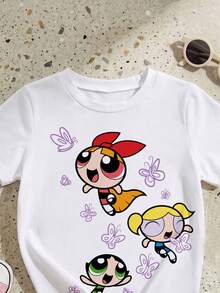THE POWERPUFF GIRLS X SHEIN GraphicGems 女婴休闲可爱卡通图案圆领短袖T恤，夏季 - 彩色 - 查看 3