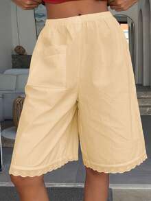 Livesso Women's Lace Patchwork Solid Color Short 5-Inch Pajama Pants - Yellow - View 9