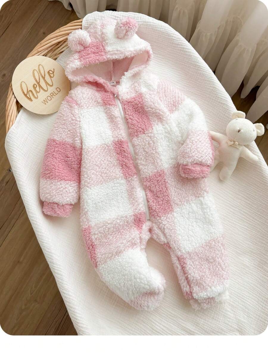SHEIN LMoss Kids 新生女嬰可愛秋冬款毛茸茸花卉圖案長袖連帽連身衣 - 淺粉色 - 查看 1