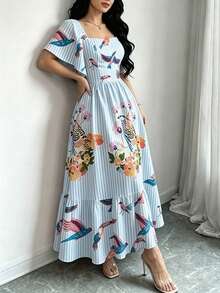Modelyn 女款優雅熱帶植物與鸚鵡印花洋裝，時尚方領大荷葉袖短袖洋裝，裙襬荷葉邊設計，花卉圖案淺藍條紋長洋裝，波希米亞風格女裝，適合夏季度假與日常穿著 - 彩色 - 查看 3