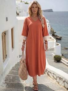 Faunlyn Women's Vacation Casual Boho Lace Patchwork Midi Dress Rust Orange Summer Everyday Going Out - Burnt Orange - View 4