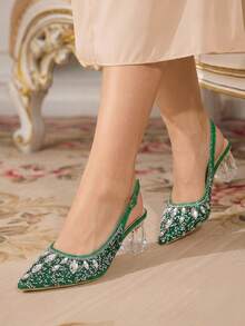 CUCCOO TILAWA Women's Crystal And Glass Rhinestone Pointed Green High-Heeled Shoes, Suitable For Going Out, Banquets, Parties And Other Activities - Green - View 8