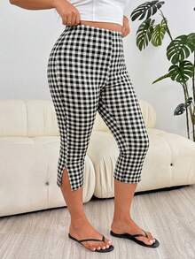 Solflare Black Plaid Plus Size Women's Fitness Clothing, Capri Length Tight Leggings, Spring/Summer Apparel - Multicolor - View 5