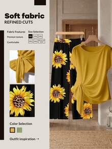 SHEIN Clasi Plus Size Women Casual Romantic Sunflower Print Pants Set, Yellow & Black 2pcs Suit, Vacation Outfit, Summer - Multicolor - View 6