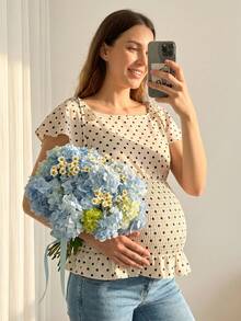 SHEIN Polka Dot Pleated Casual Versatile Maternity Top Baby Shower Summer - Multicolor - View 2