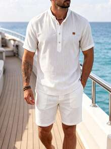 VENTUSAIL Men's Summer Thin Faux Linen Striped Vacation Casual Loose Patchwork Pullover Short Sleeve Shirt And Solid Color Elastic Waist Shorts Set - White - View 4