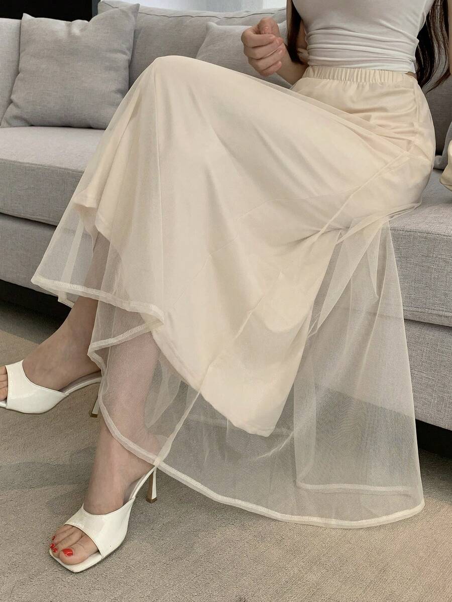DAZY 女款法式甜美網紗拼接約會裙 - 杏色 - 查看 1