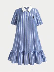 青少年女孩 Polo 童裝條紋刺繡圖案短袖中長洋裝，適合青少年女孩，對比色荷葉領花瓣袖印花洋裝，適合學校、戶外活動、購物，鈕扣洋裝 - 藍色 - 查看 4