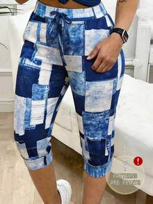 Tropvida Plus Size Denim Effect Print Capri Pants - Multicolor - View 1