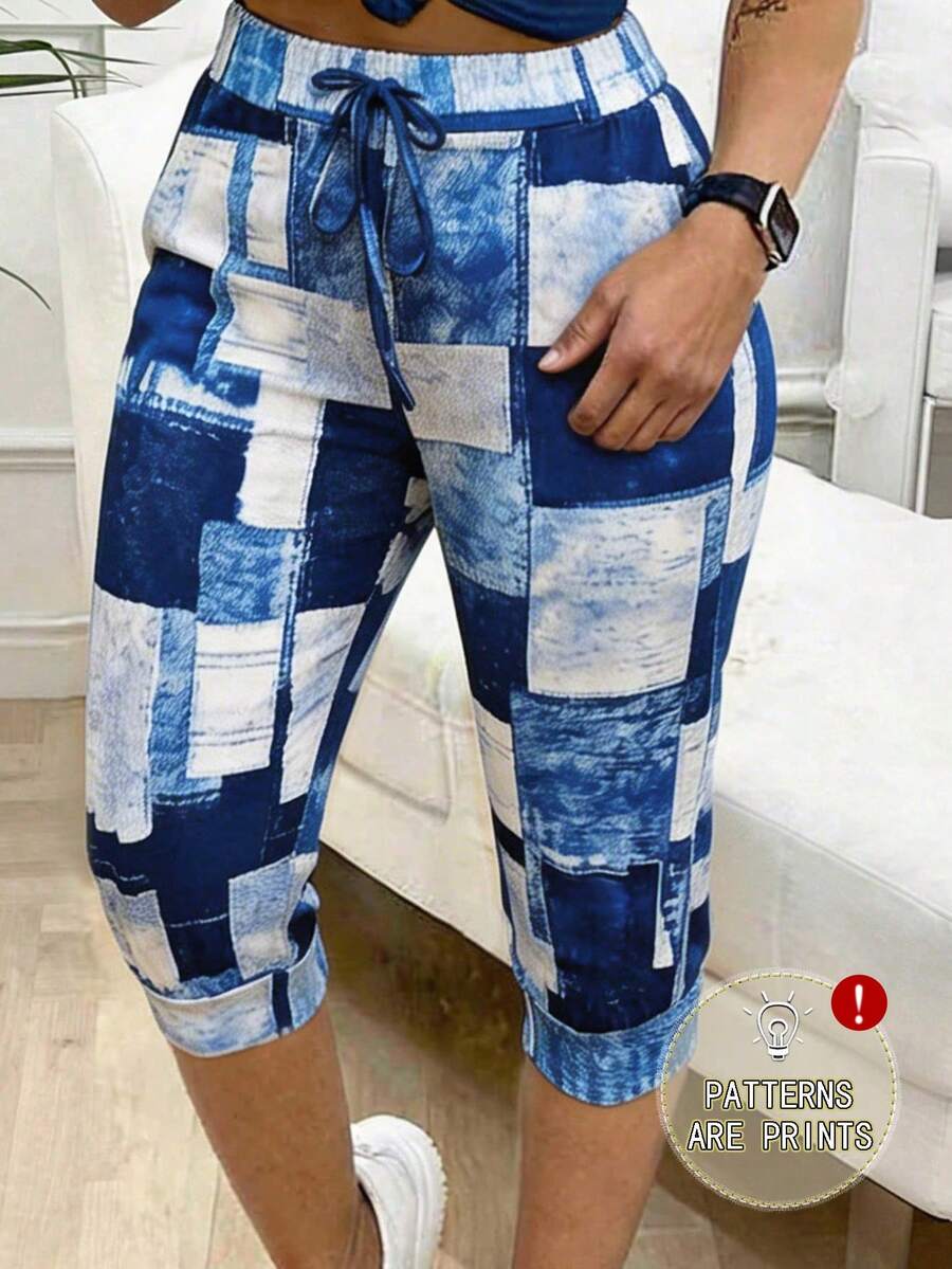 Tropvida Plus Size Denim Effect Print Capri Pants - Multicolor - View 1