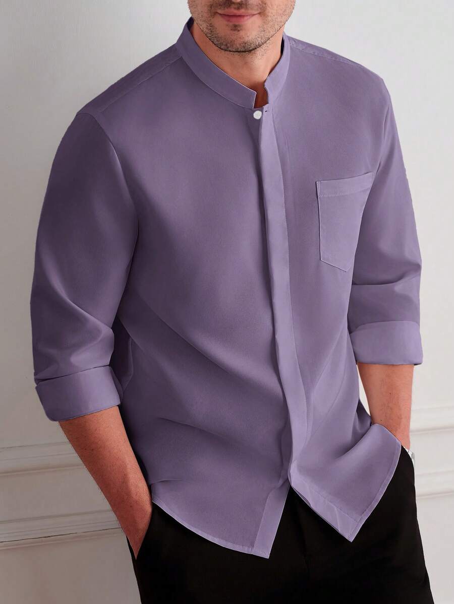 Core Aspect Men's Casual Solid Color Single-Breasted Pocket Shirt - Purple - View 1