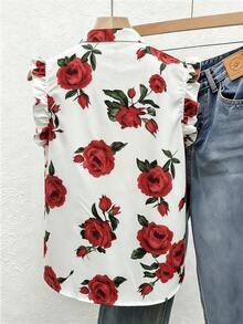 Franclia Women's Floral Print Ruffle Single-Breasted Shirt - Red - View 2