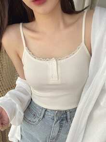 DAZY 女款蕾絲飾邊修身百搭日常外出細肩帶背心上衣 - 白色 - 查看 6