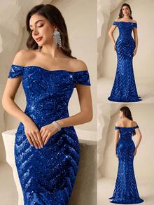 Coutiva Women's Off-Shoulder Sequin Elegant Glamorous Evening Party Dress - Royal Blue - View 3