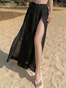 DAZY Women's Elastic Waist Split Design Casual Vacation Cover-Up Long Pants Summer - Black - View 2