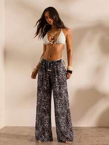 Opulessa Women's Leopard Print Drawstring Waist Casual Versatile Vacation Travel Cover-Up Pants - Multicolor - View 3