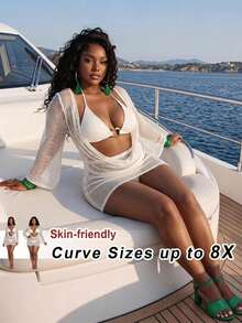 SHEIN CURVE+ 3件套加大码女士性感深V领比基尼套装 - 上衣、下装和罩衫 - 白色 - 查看 9
