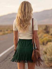 LanaWest Nueva falda de mujer estilo occidental con flecos - Verde - Ver 5