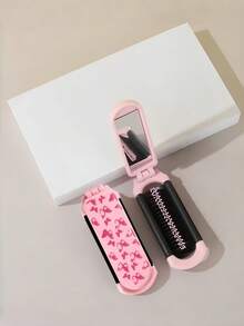 Portable 2-In-1 Folding Mirror With Comb & Hairbrush, Pink Butterfly Design, Detachable Travel Makeup Mirror, Lightweight For Purse, Handbag, Suitcase, Dorm, Office, Vanity Table, Salon, Home, On-The-Go. - Off-white bow - View 2