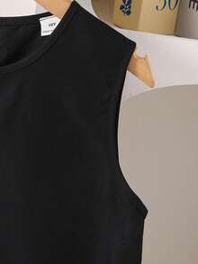 SHEIN Tween女孩春夏度假北歐風休閒優雅居家晚宴派對日常通勤圓領無袖荷葉邊娃娃短洋裝黑色 - 黑色 - View 6