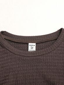 SHEIN 青少年女孩棕色針織紋理長袖T恤與長褲2件組休閒日常時尚百搭 - 棕色 - 查看 4