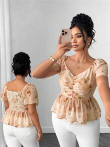 Elenzga Women's Plus Size Sweetheart Collar Ruffle Sleeve Ruched Waist Ruffle Hem Chiffon Print Elegant Blouse - Light Yellow - View 6