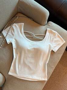 Franclia Camiseta de talla grande con espalda hueca, tirantes, acolchada y manga corta - Blanco - Ver 2