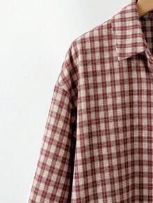 Comfylo Plus Size Women's Plaid Casual Versatile Daily Outing Shirt - Burgundy - View 3