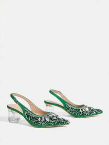 CUCCOO TILAWA Women's Crystal And Glass Rhinestone Pointed Green High-Heeled Shoes, Suitable For Going Out, Banquets, Parties And Other Activities - Green - View 3