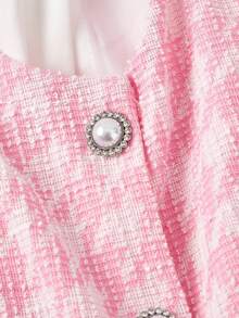 SHEIN MOD Plus Size Women's 2 In 1 Waist-Cinching Long Sleeve Flounced Suit Blazer,Elegant Pink And White Tweed Blazer,Autumn Office Business Casual Semi Formal - Pink - View 7