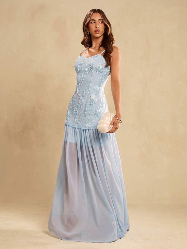 SHEIN Glamour Women's 3D Floral Decor Pleated Elegant Waist-Defining Date Party Dress