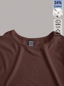 SHEIN BASICS 女款素色修身短版圓領T恤上衣 白色短版上衣 - 棕色 - 查看 3