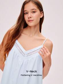 LUVLETTE Camisón sexy de mujer de 100% algodón puro transpirable con bordado floral azul y ribete de encaje, pijama - Azul - Ver 7